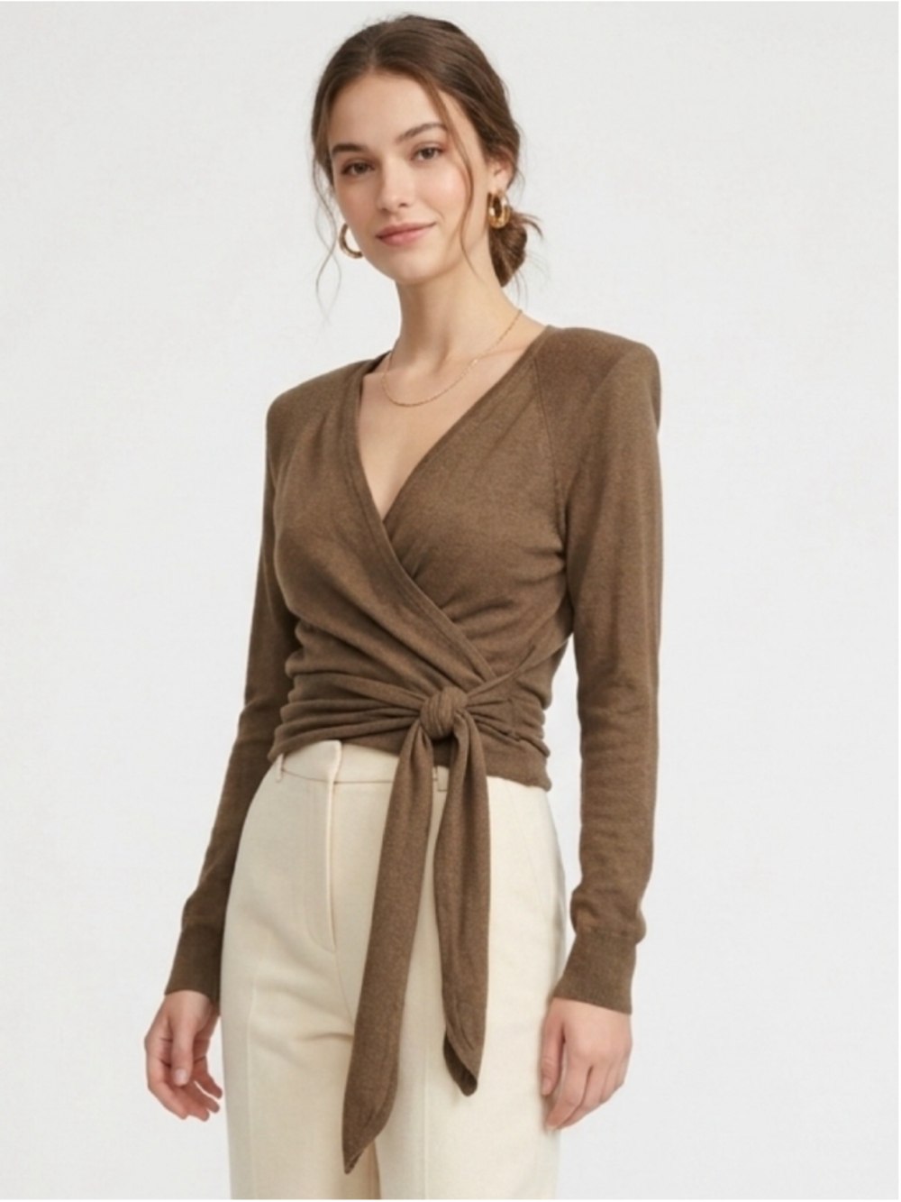 Lauren Ralph Lauren Brown Linen Blend Wrap Sweater LG Tie Front Balletcore - 969